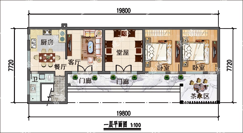 130平方米二层中式别墅一层平面图