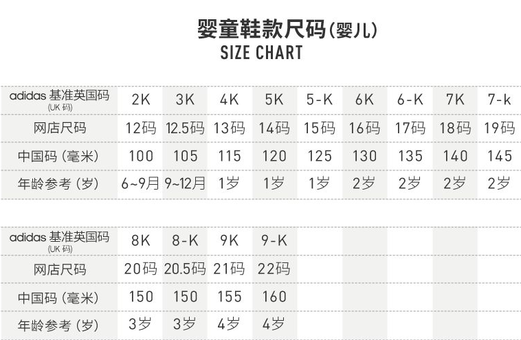 阿迪达斯鞋码对照表