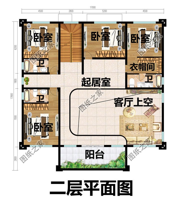 17X17.8米农村二层房屋设计图二层平面图