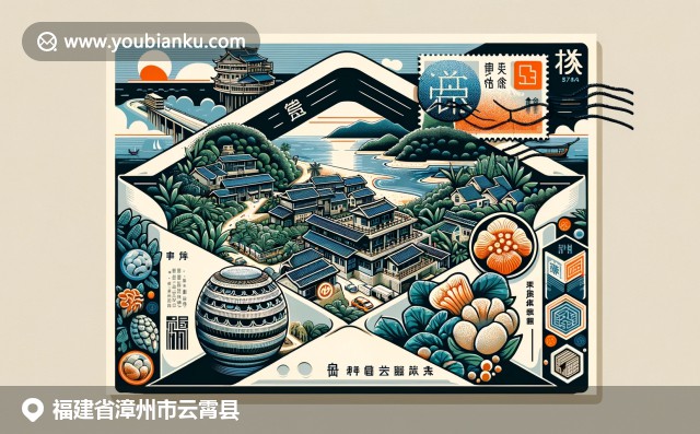 福建云霄风车场、红树林和沙茶面，现代插画风格展现，融入邮政元素