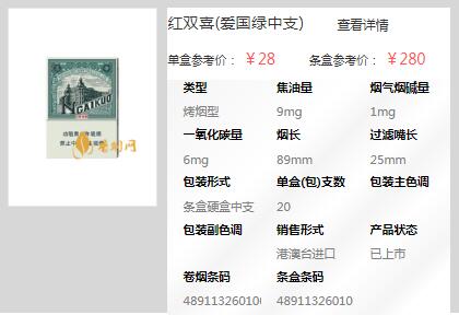 红双喜爱国绿中支香烟批发价格介绍截图